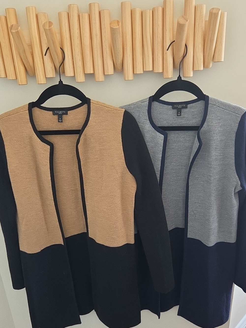 TWO Talbots Colorblock Open Cardigans in Camel & Black and Gray & Navy